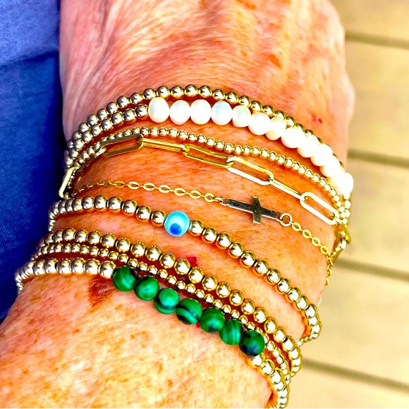 Handmade 14k gold filled bead stretch malachite bracelet Add to your stack! - Picture 2 of 7